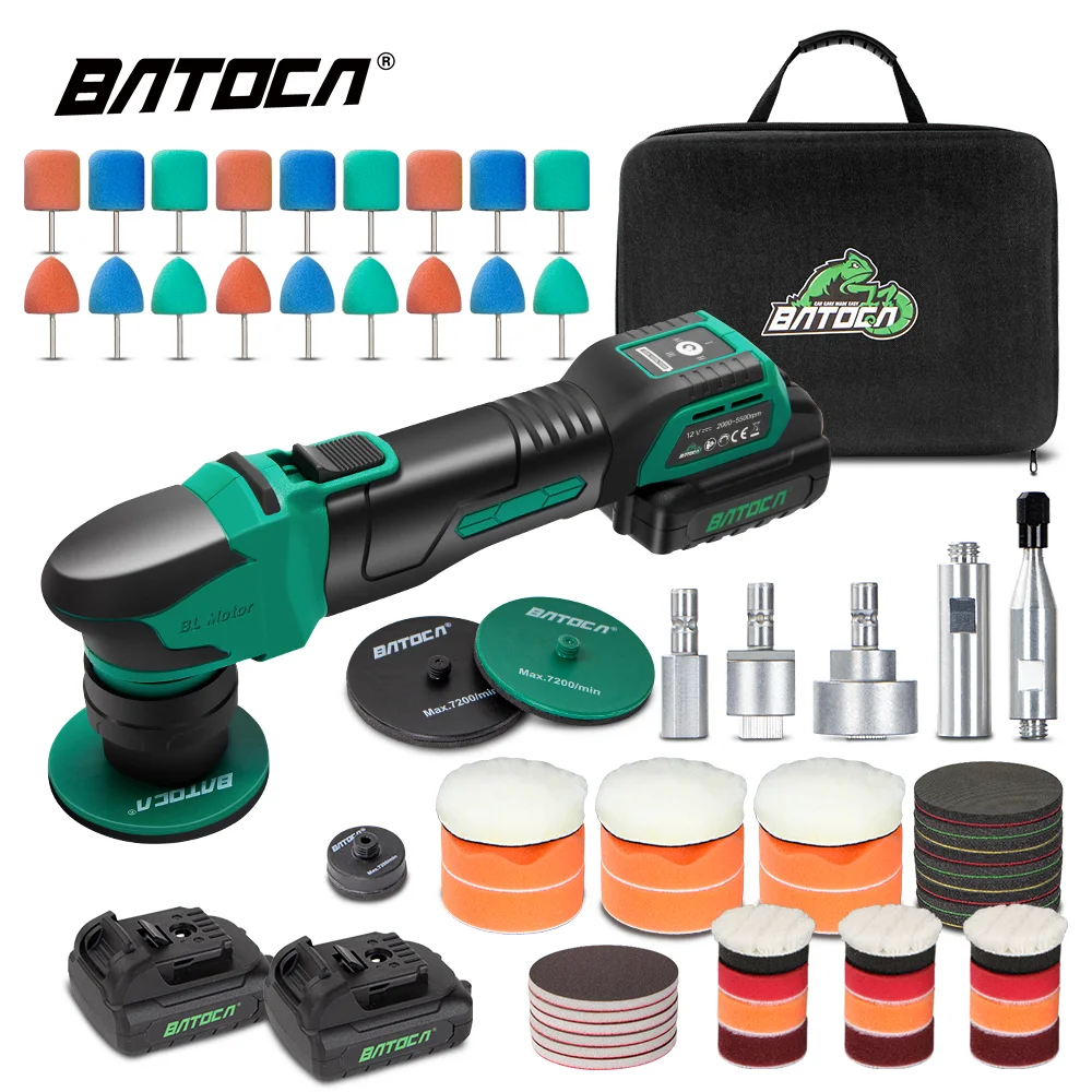 BATOCA Cordless Car Polisher Machine Set 12V RO/DA Micro Scratches Killer Brushless Motor Polisher with Detail Sponge Wool Pads 