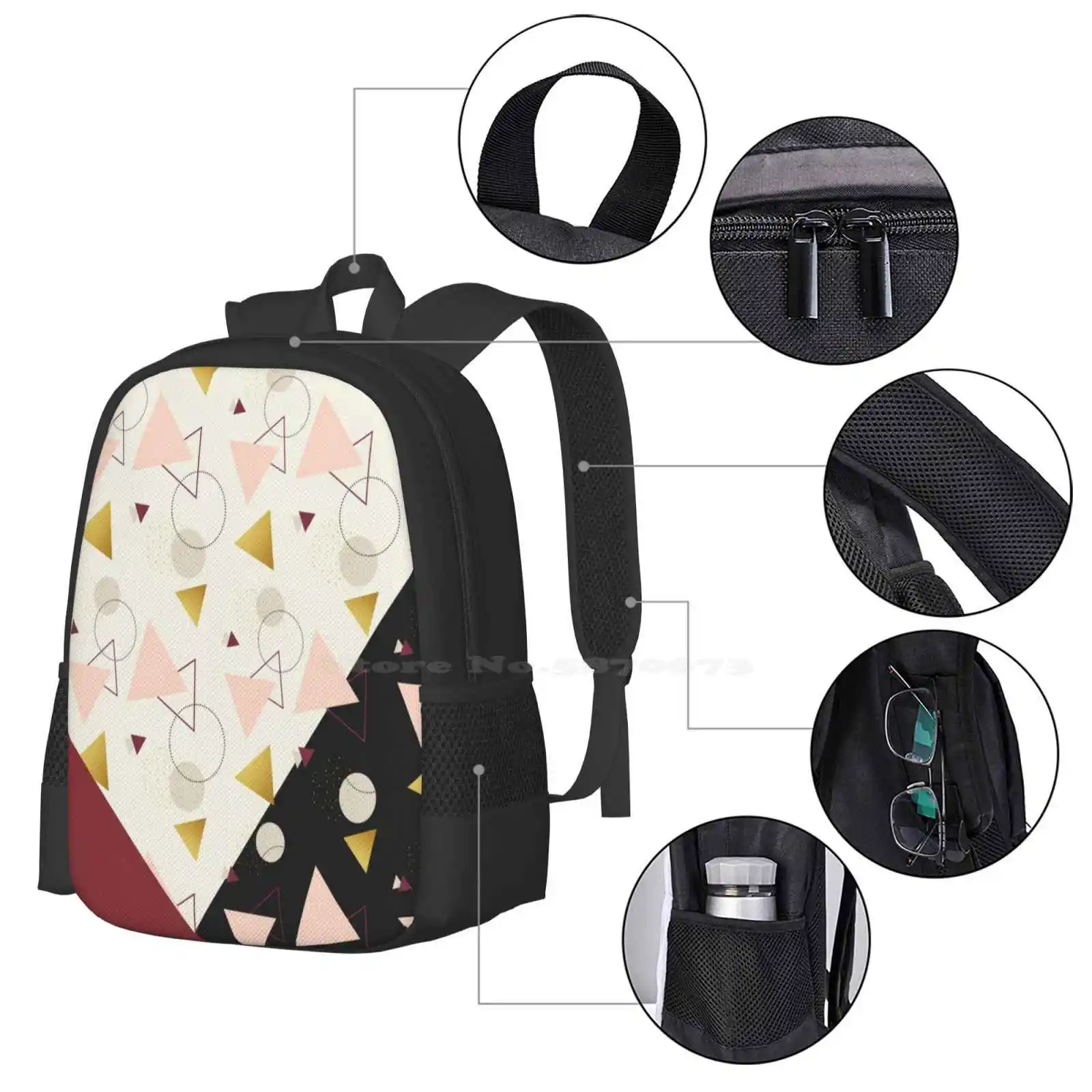 Triangles Mix Backpacks For School Teenagers Girls Travel Bags Black Abstract Triangles Geometric Pastel Colors Delicate Lovely