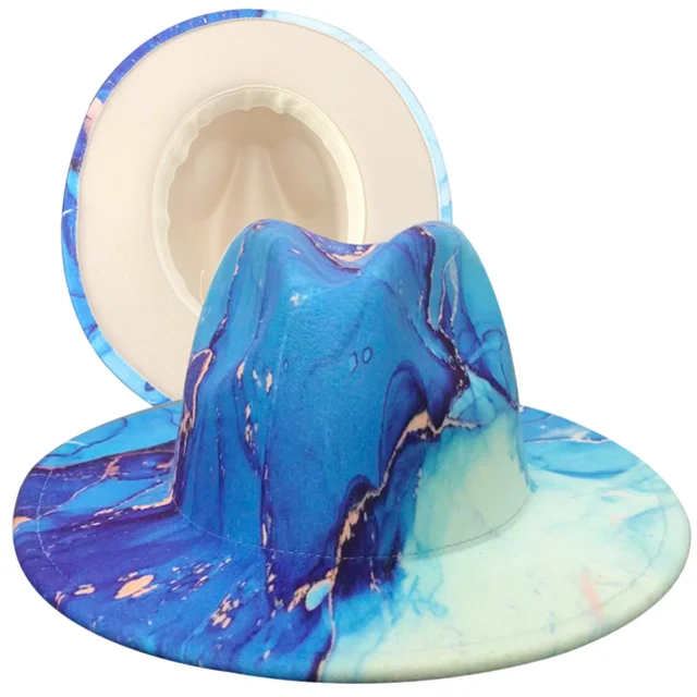 Fedora z szerokim rondem i nadrukiem Tie Dye męska i damska tweedowa moda kapelusz panama Retro gradientowy kapelusz jazzowy Fedora męska