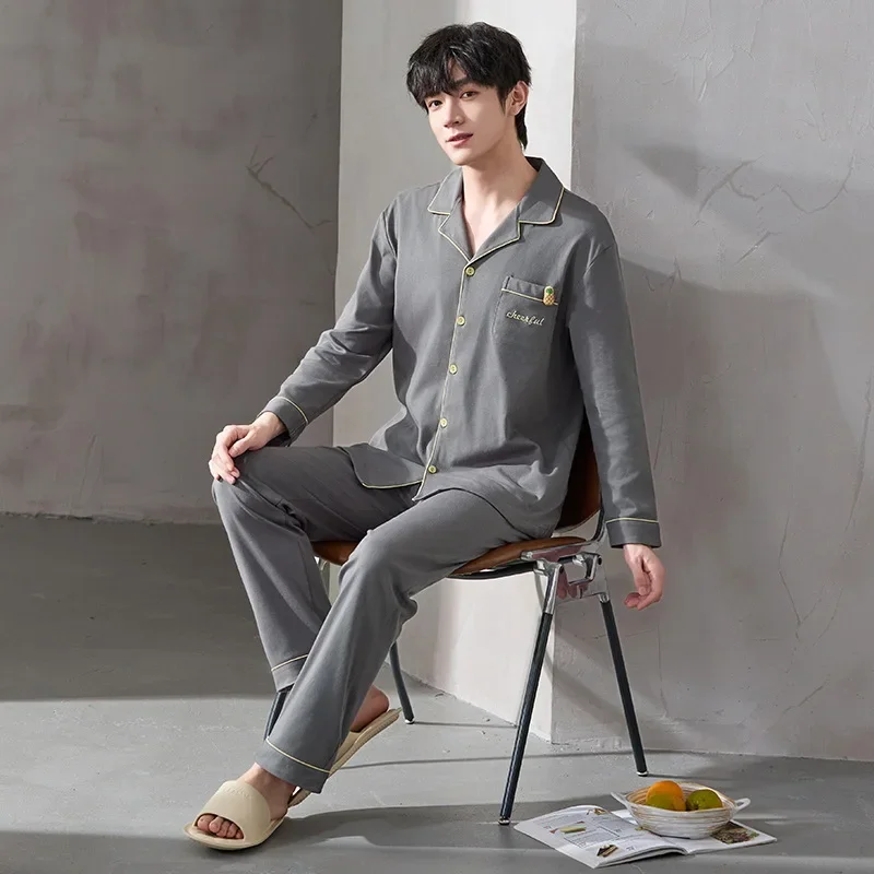 Large Size Man Spring Pajamas Pure Cotton Long Sleeve Cardigan Shirt with Pant Loungewear Home Clothing Korean Two Piece Set