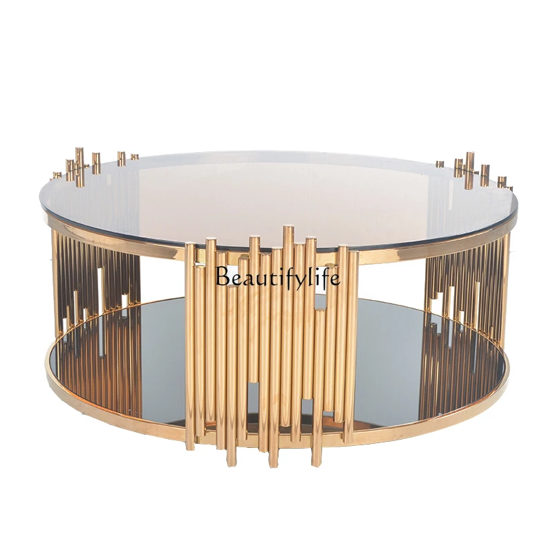 

Modern light luxury living room stainless steel coffee table double-layer storage