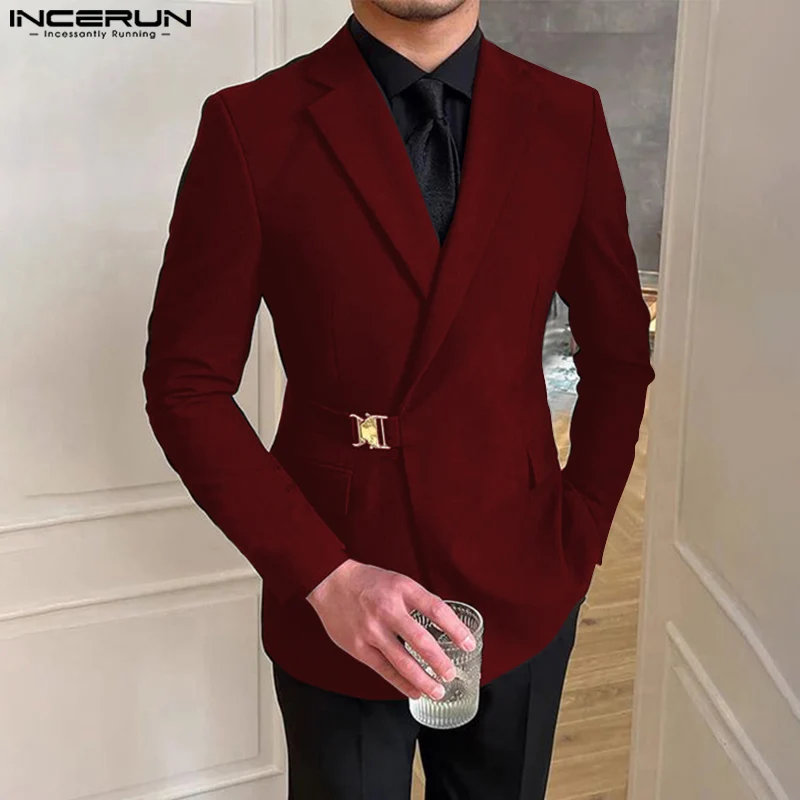 INCERUN Metal Buckle Solid Color Blazer 2024 Men Simple Commuting Suits Casual Fashion Well Fitting Elegant Handsome Jackets