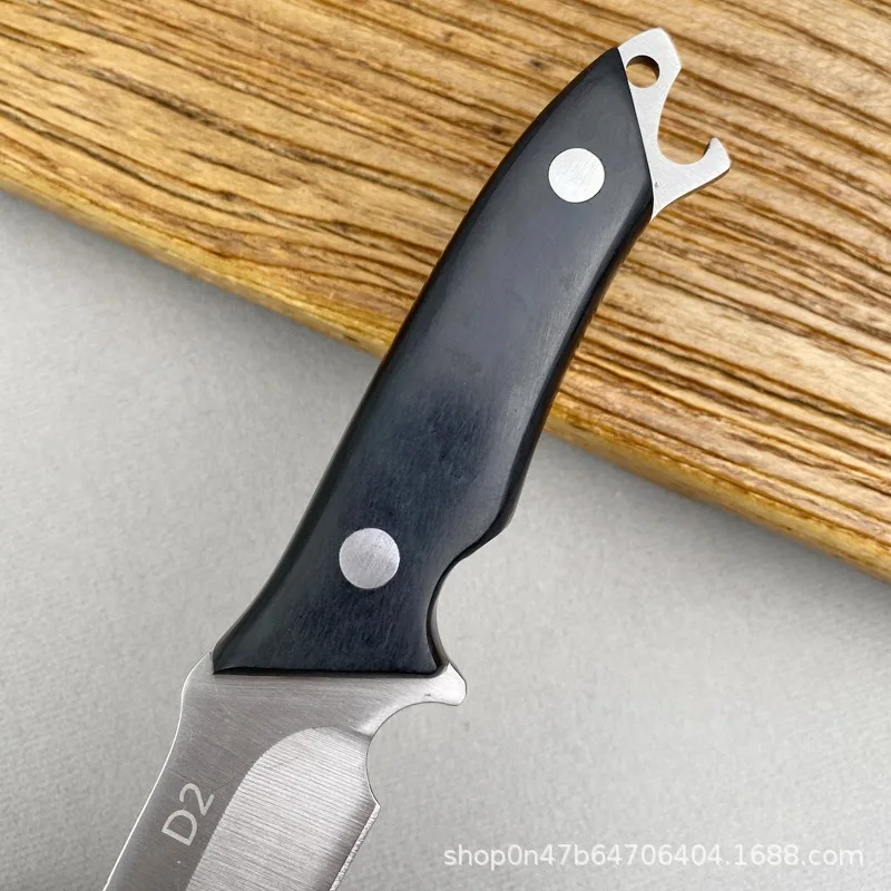 Solid wood handle +D2/Laser feather pattern outdoor knife handmade knife fruit knife high hardness straight knife