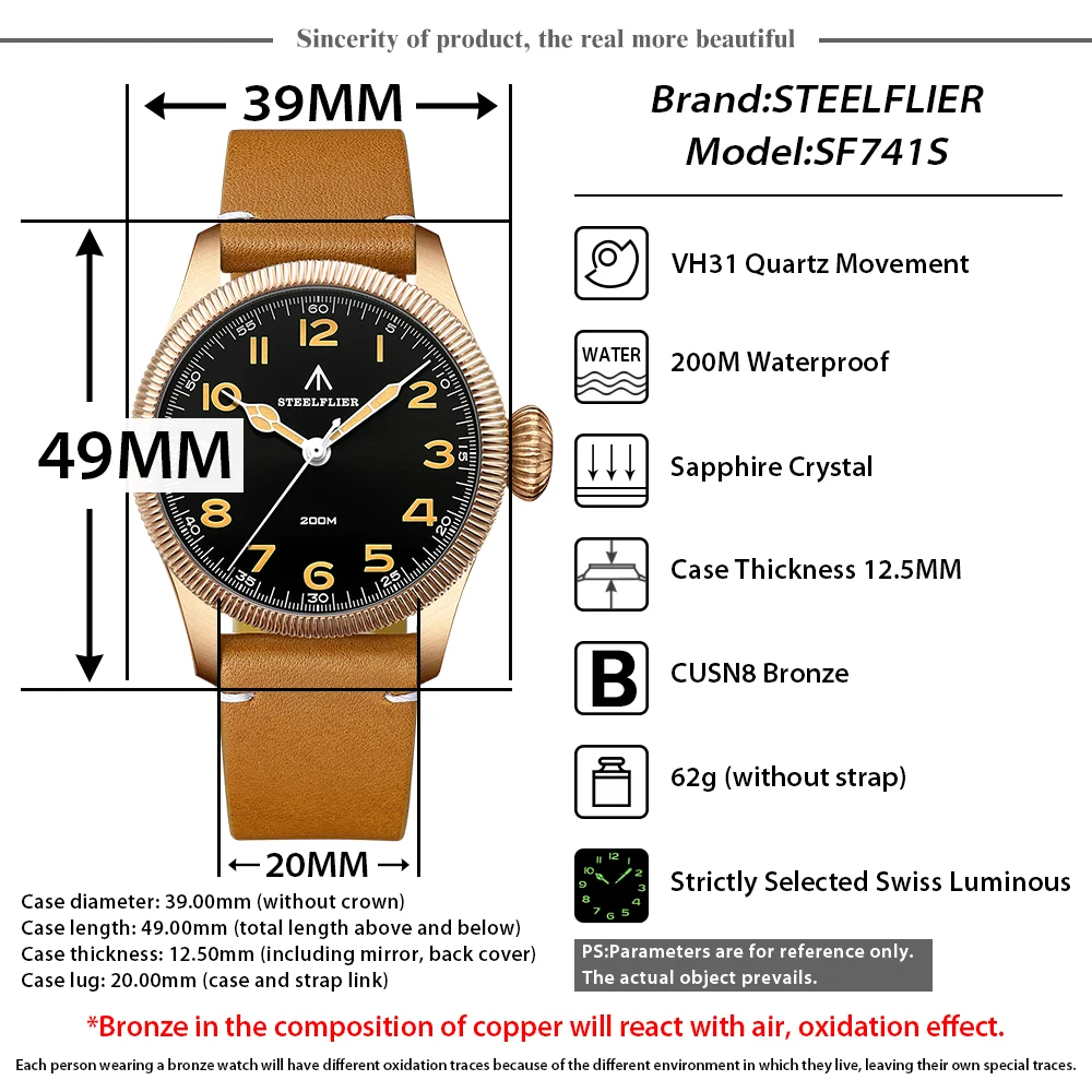 STEELFLIER Official SF741S Bronze Threaded Bezel Pilot Swiss Retro Luminous 20Bar Waterproof VH31 Movement Luxury Quartz Watch