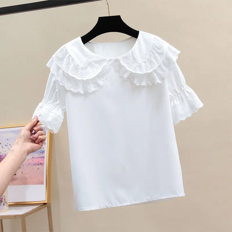 White Lace Patchwork Blouse Summer New Short Sleeve Solid Color Loose All-match Sweet Shirt Tops Fashion Korean Women Clothing