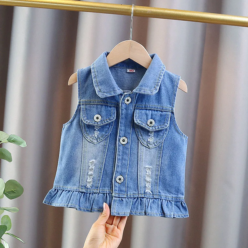 Baby Girl Cute Denim Vest With Swan On Back Elegant Kids Sleeveless Jeans Jacket Toddler Child Casual Denim Waistcoat Age 2-9Y