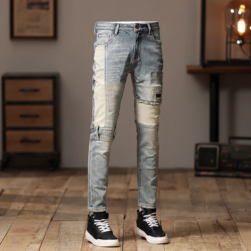 Stitching Motorcycle Jeans Men's Retro Street Distressed Scratch Design Trendy Casual Skinny Fashion Pants