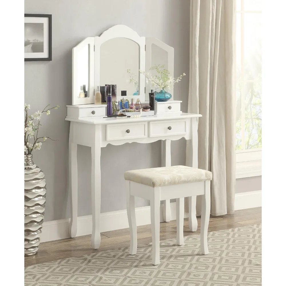 Roundhill Furniture Sanlo Wooden Vanity | Make Up Table and Stool Set