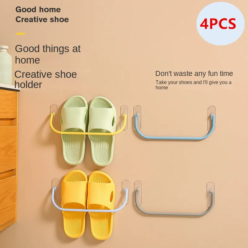 4PCS Simple Shoe Rack Wall-mounted Bathroom Slippers Hook Holder Shoes Slipper Drain Storage Drying Rack Shoe Organizer Hanger