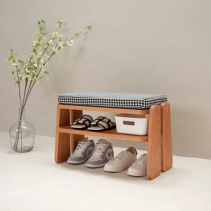 Solid Wood Shoe Changing Bench Home Entryway Low Stool Upholstered Seat Shoe Cabinet All in One Double Layer Side Table Shelf