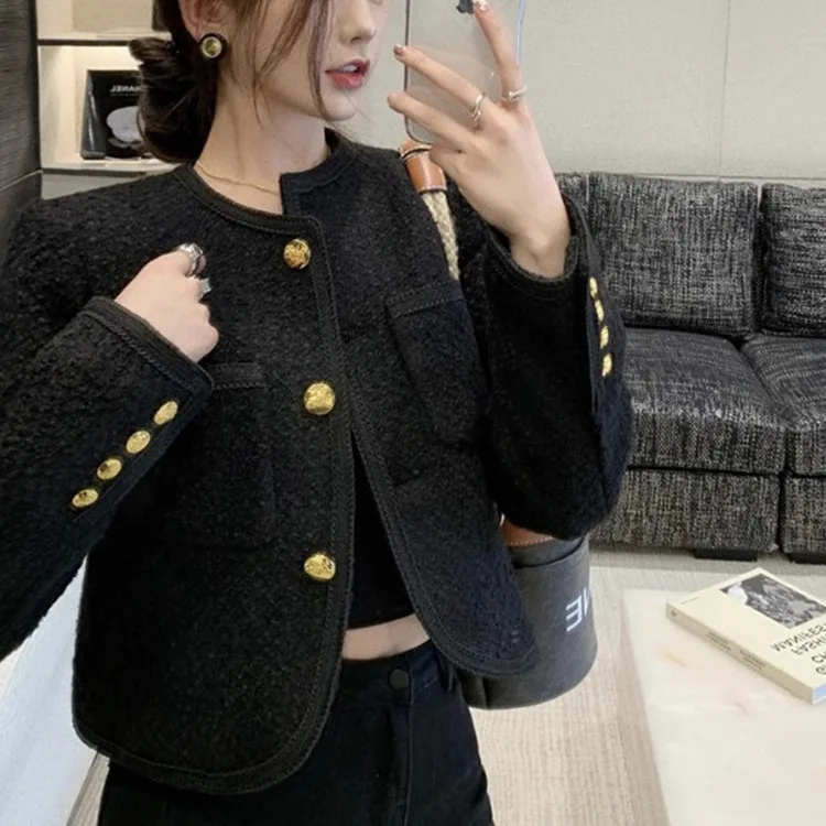 Versatile Long Sleeve High-End  Style Jacket Short Trim Fit Single Button Black Outerwear for Women Autumn Season