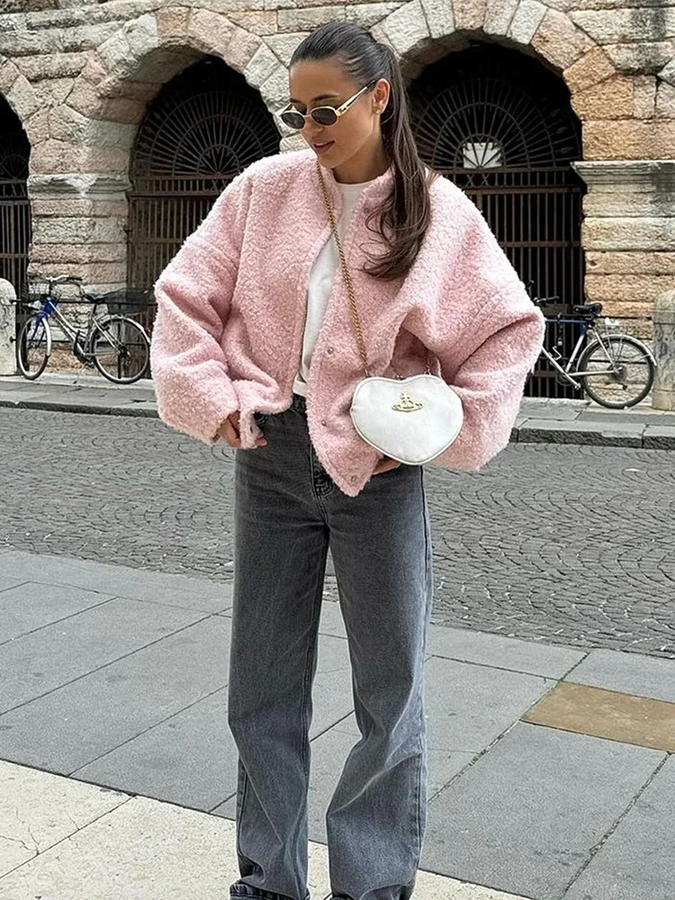 TARUXY rosa giacca di pelliccia corta cappotto per le donne autunno inverno Casual colletto alla coreana tasca allentata moda manica lunga giacca Top femminile