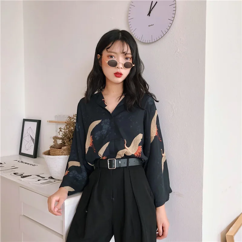 

Women's Blouses Clothes Japan Kawaii Ladies Retro Summer Style Vintage Crane Blouse Female Punk Harajuku Cute Tunic For Women