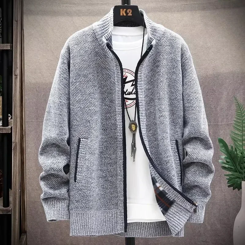 Mens Cardigans Sweater 2024 Autumn Winter Keep Warm Thicken Solid Stand Collar Knitwear Cardigan Jacket Coat Casual Men Clothing