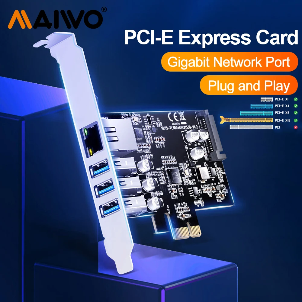 MAIWO Expansion Card PCIe To RJ45 USB3.0+Gigabit Ethernet Port Adapter Card for Desktop Computer Host Built-in Expansion Card