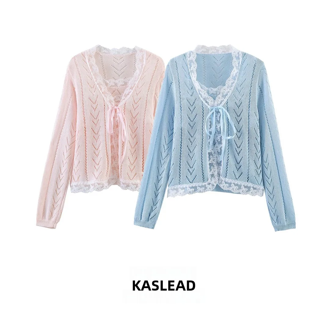 

KASLEAD Новый женский модный комплект: милый кружевной вязаный кардиган из конопляной ткани и топ на бретельках с защитой от солнца, с длинными рукавами, для весеннего сезона