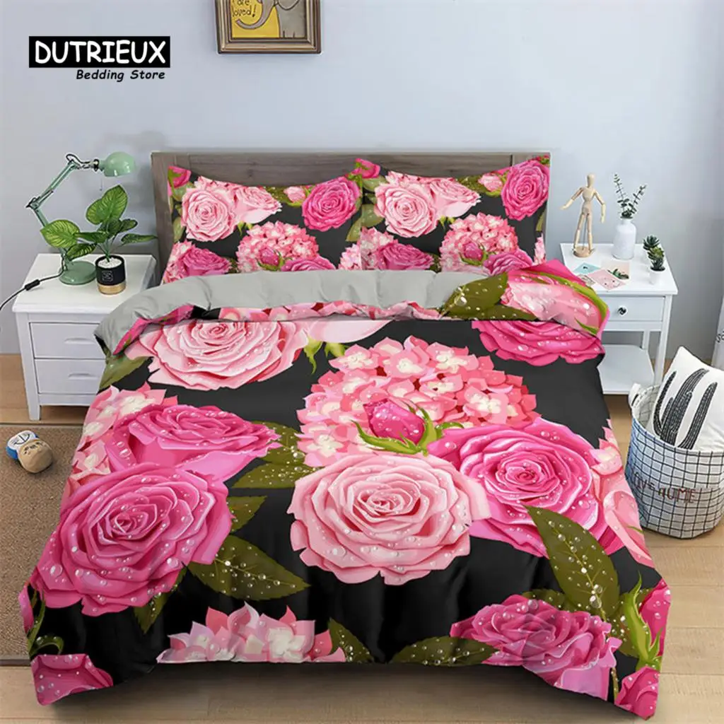 

Romantic Flower Duvet Cover Rose Floral Bedding Set Microfiber Comforter Cover King For Girl Women Wedding Valentine's Day Decor