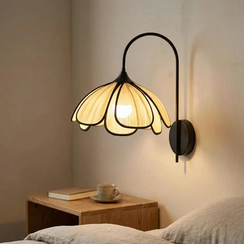 Japanese Fabric Petal Shade Floral Curved Arm Bedside Dining Room Living Room Bedroom Home Decor Hallway Entryway Wall Lamp