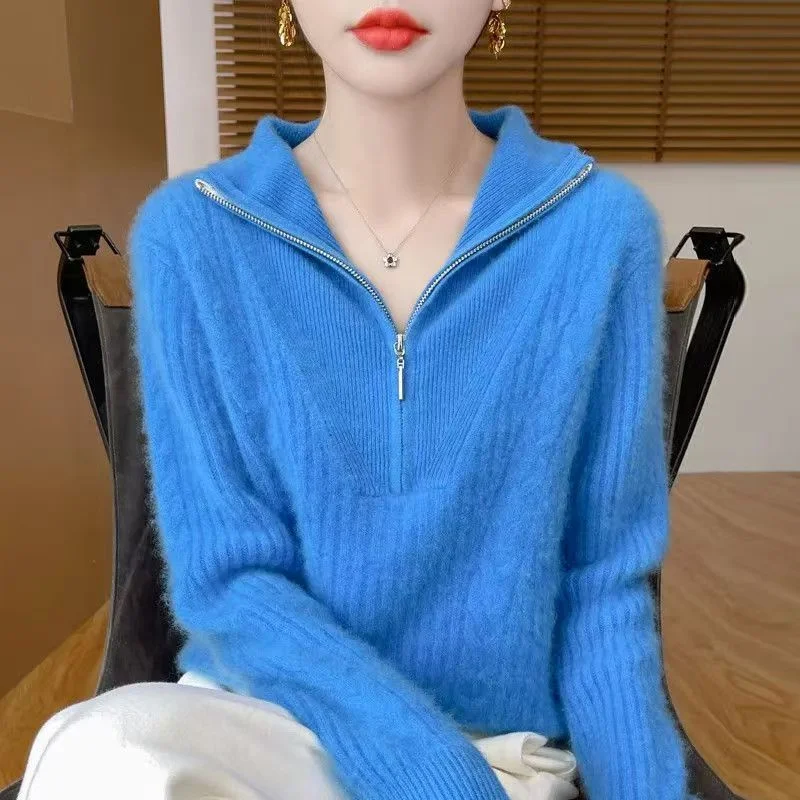 

Осень-зима женский свитер из 100% мериносовой шерсти водолазка витая молния полуоткрытый пуловер утолщенный повседневный вязаный свободный топ