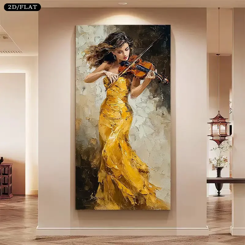 1 Stück extra großes, modernes, minimalistisches Leinwandgemälde „Geiger in goldener Eleganz“ – großes Wandkunst-Poster (27,5 x 55,1 Zoll/70 x 140 cm)