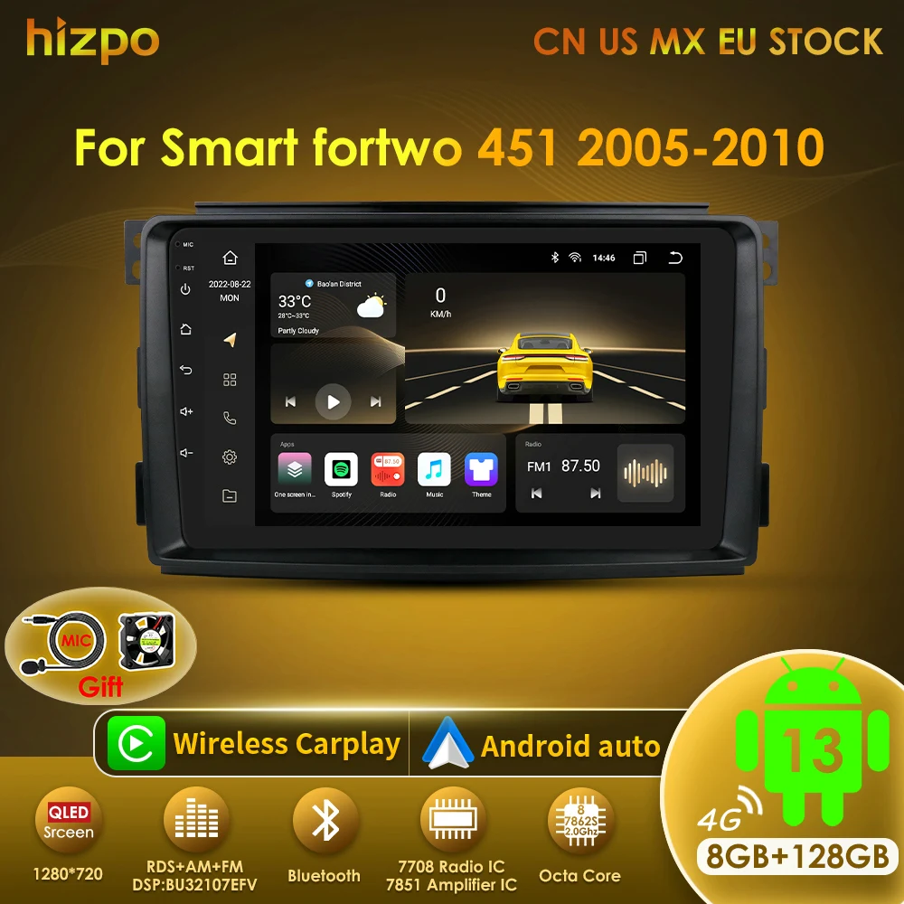 Hizpo AI Voice Wireless CarPlay Android Auto Radio For Smart Fortwo 451 2005 - 2010 4G BT Car Multimedia GPS 2din Autoradio 7862