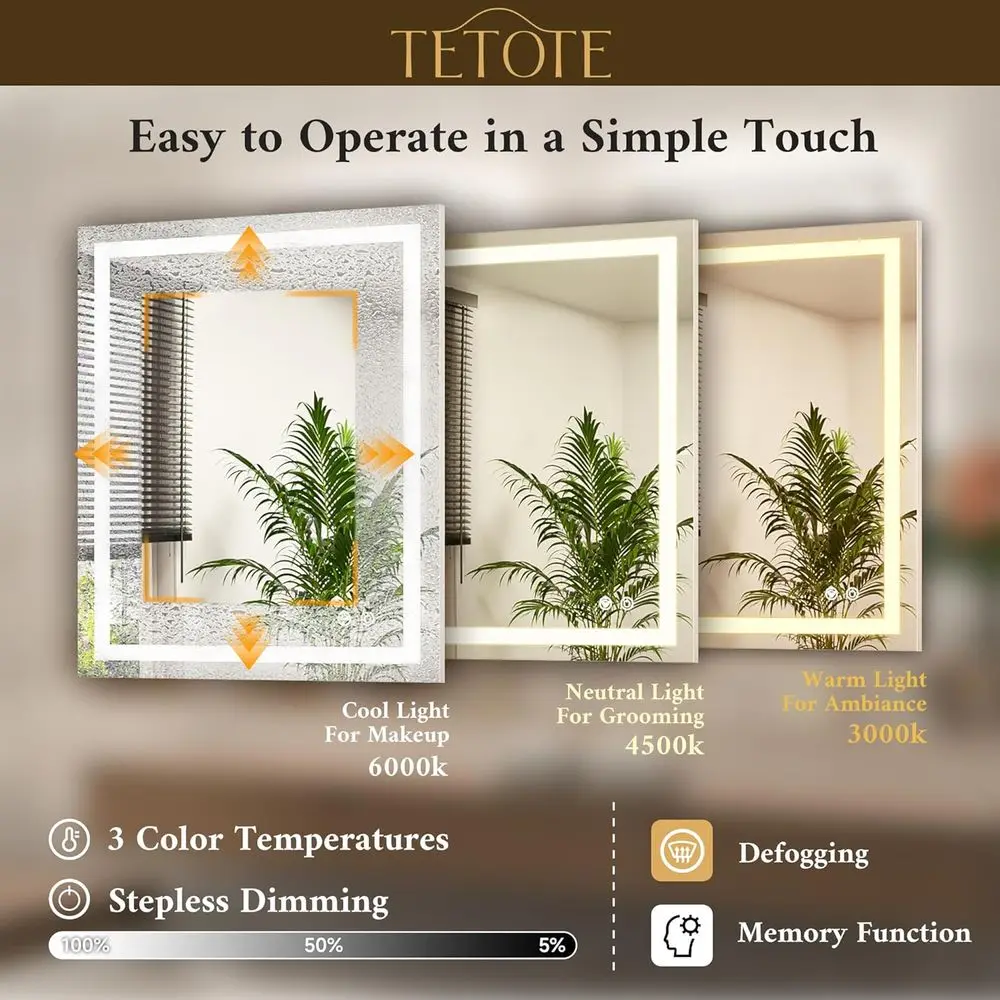 20x28 Inch LED Illuminated Bathroom Mirror, Anti-Fog, 3-Color Dimmable, Waterproof Tempered Glass Vanity Mirror