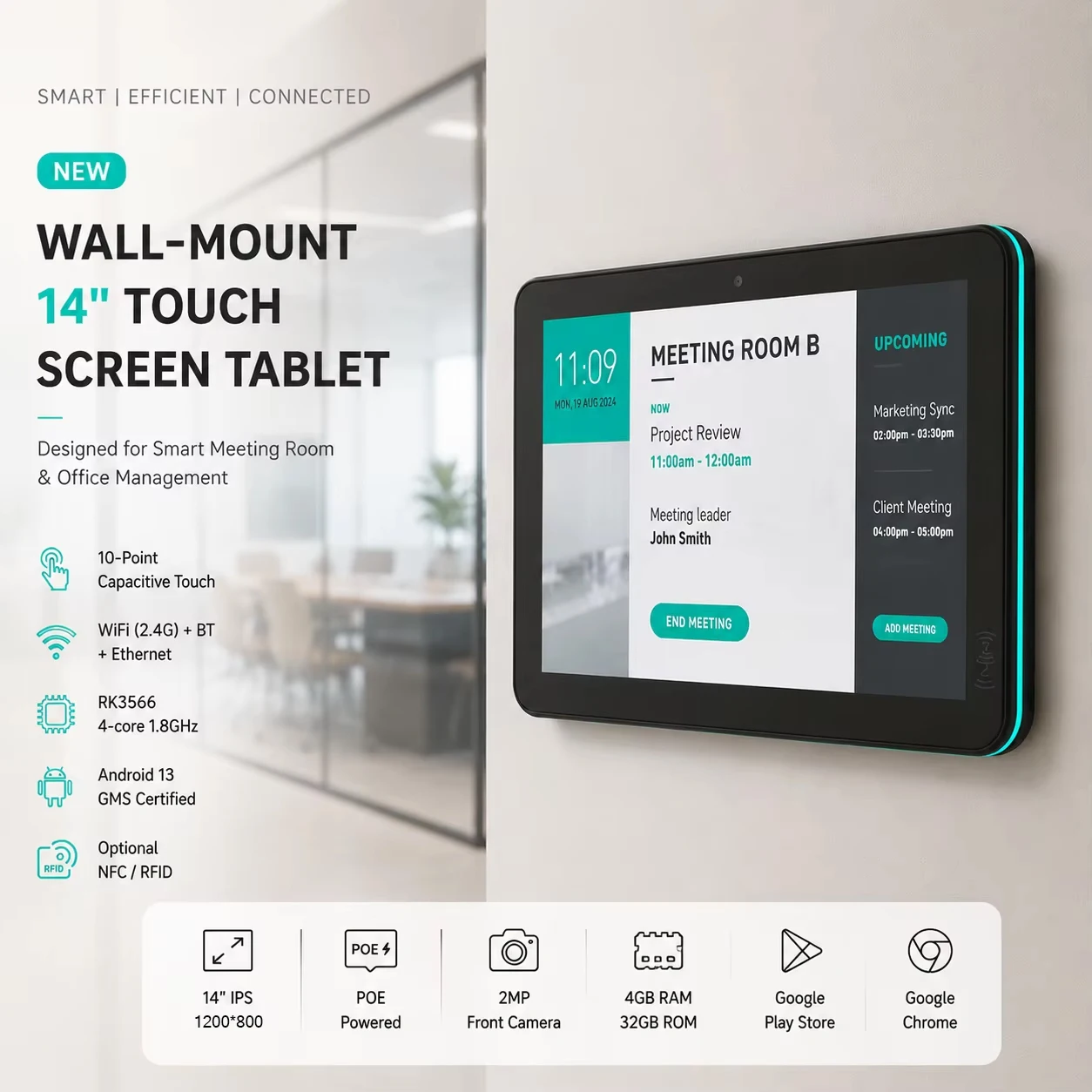 Wall Mount 14 Inch 1200x800 Touch Screen Tablet Android 13 RK3566 4-core 4G 32G NFC RFID Digital Signage RJ45 POE Monitor
