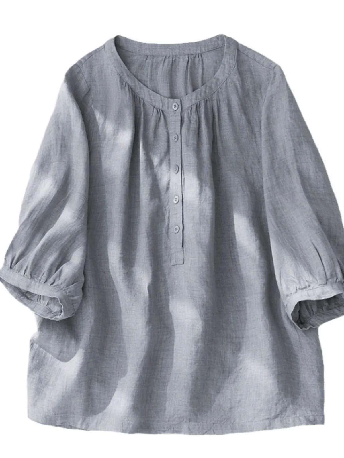 Algodón Lino Casual Suelto Fino ort Sve irt Mujer Versátil redondo Ne Botón hasta Vintage Sle Longitud de cinco cuartos