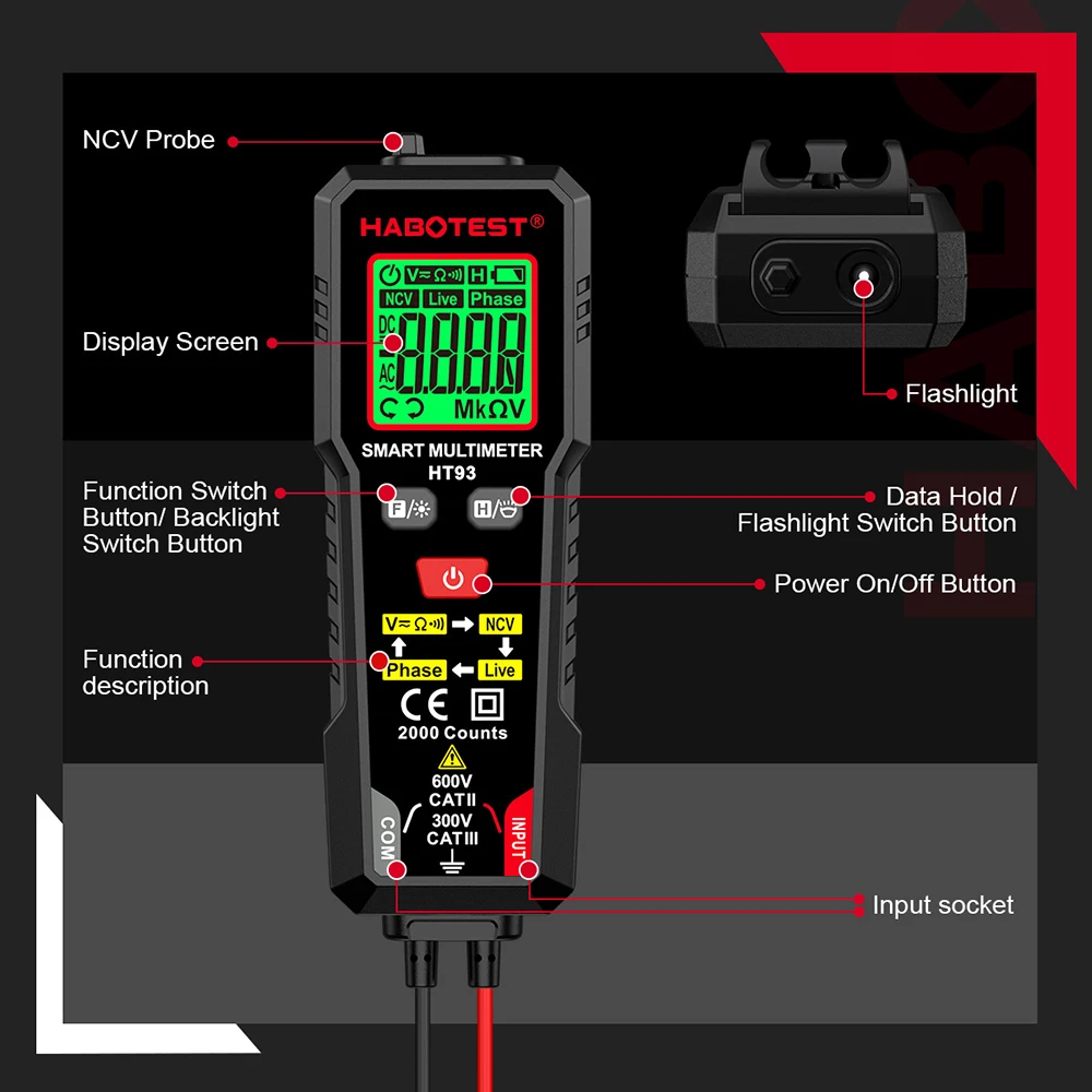 HT93 2000 liczy cyfrowy multimetr z automatycznym zakresem wysokiej precyzji Tester rezystancji AC/napięcie prądu stałego Tester NVC