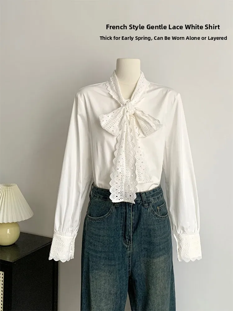

Белая женская блузка с нежным кружевом и узлом, многослойная базовая рубашка для ранней весны, осени и зимы