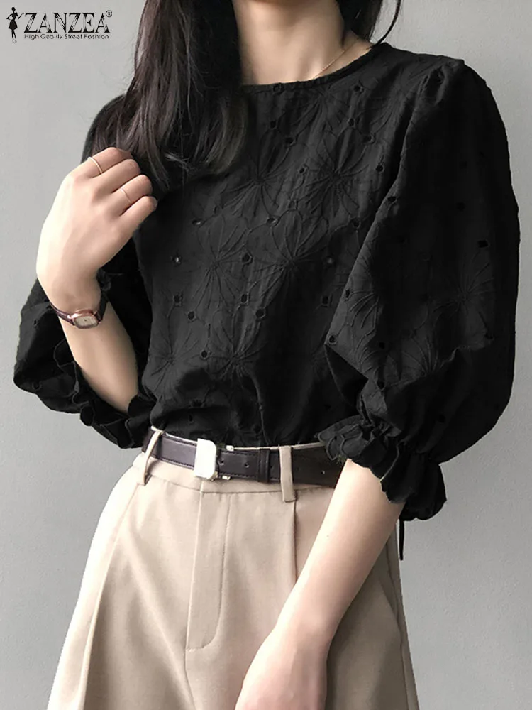 2024 ZANZEA Women Fashion 3/4 Sleeve Ruffles Shirt Solid Hollow Out Blusas OL Work Tops Tunic Elegant Embroidery Floral Blouse