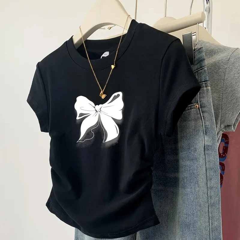 سليم تي شيرت العصرية خمر فراشة طباعة قميص قصير الأكمام س الرقبة الأعلى 2025 صيف جديد الشارع الشهير المرأة ملابس كاجوال #4