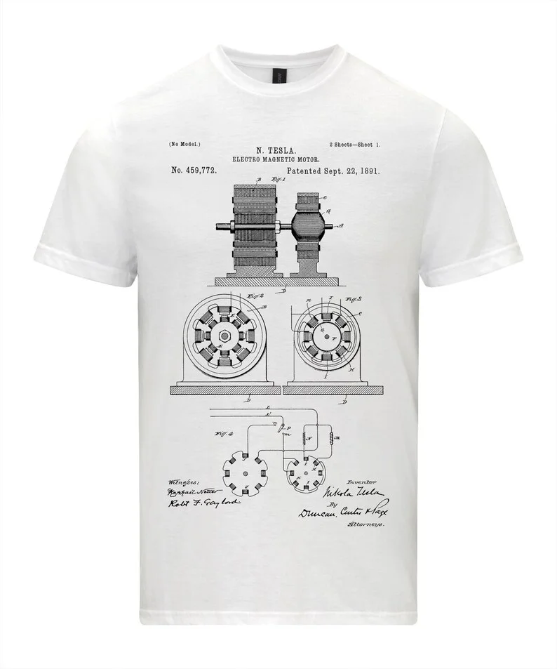 نيكولا تيسلا تي شيرت موتور براءات الاختراع مخطط قميص شخصية العصرية ملابس الشارع عادية عالية الجودة طباعة القمم