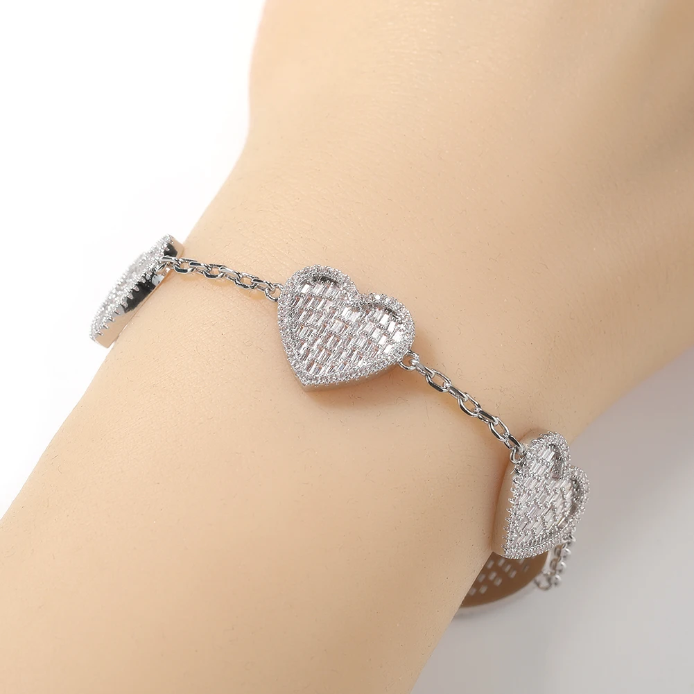 THE BLING KING Simple Baguettecz Heart Bracelet Iced Out Cubic Zirconia Charm Link Best Gift For Women Girl Hiphop Jewelry