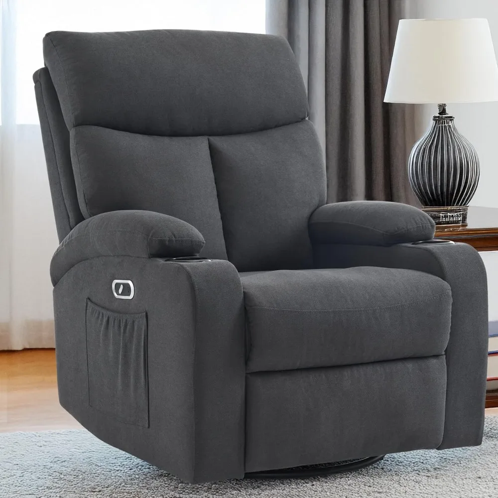 Power Swivel Rocker Recliner Massage Chair, Electric Rocking Glider Chairs, USB and Type-C Ports, Fabric Reclining Chair