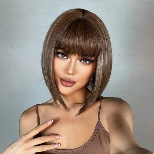 Brown Highlight Bob Wig Mixed Color Synthetic Hair for Women Natural Short Straight Wigs with Bangs High Temperature