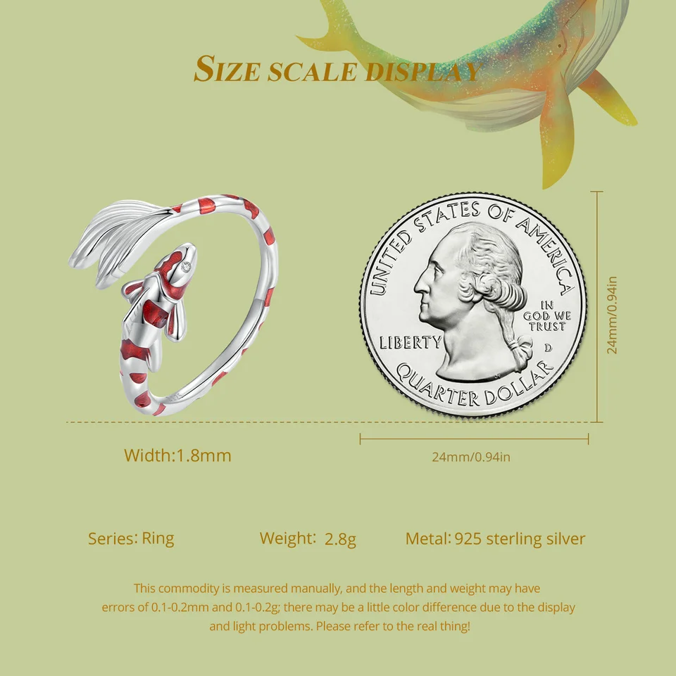 Bamoer 100% 925 Sterling Silver Red Koi anello di apertura Lucky Fish anello regolabile 5-9 per le donne regalo di compleanno gioielleria raffinata