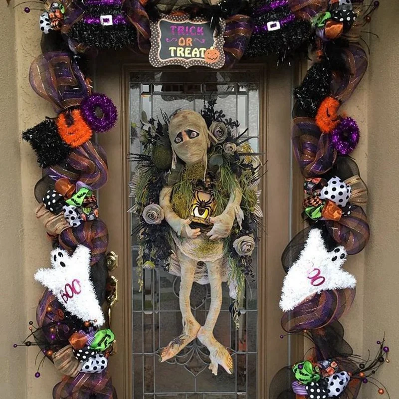 Halloween Mummy Wreath Indoor Horror Wall Hanging Front Door Welcome Sign Porch Decorations For Home Halloween