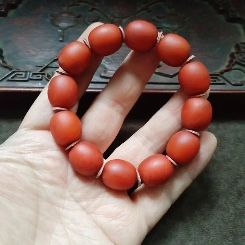 Oriental Simple Matte Red Oval Bead Bangle Natural Texture Elliptical Beads Unisex Daily Wrist Accessory