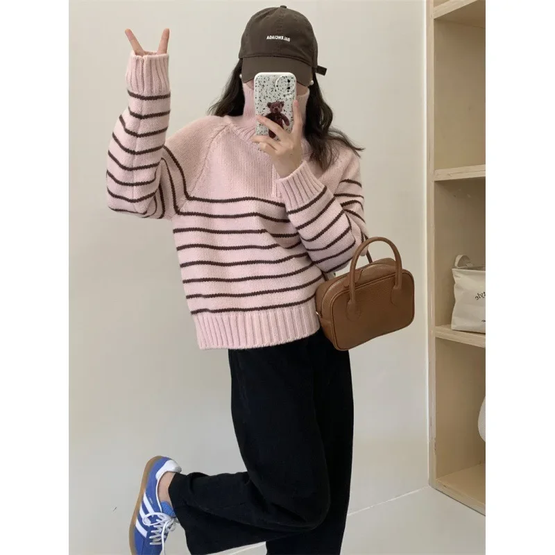 Women Fashion Mock Neck Striped Sweater Pullovers Lantern Sleeve Loose Casual Jumpers New Chic Autumn Winter Knit Shirts Sweater