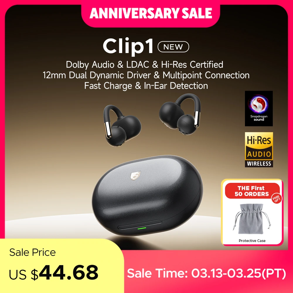 SoundPEATS Clip1 Open Ear Wireless Headsets Bluetooth 5.4 with Hi-Res