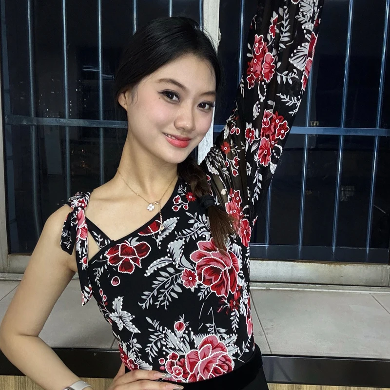 Nuove donne una manica danza latina top nero danza moderna top adulti sala da ballo concorso di ballo vestito pratica usura SL14126