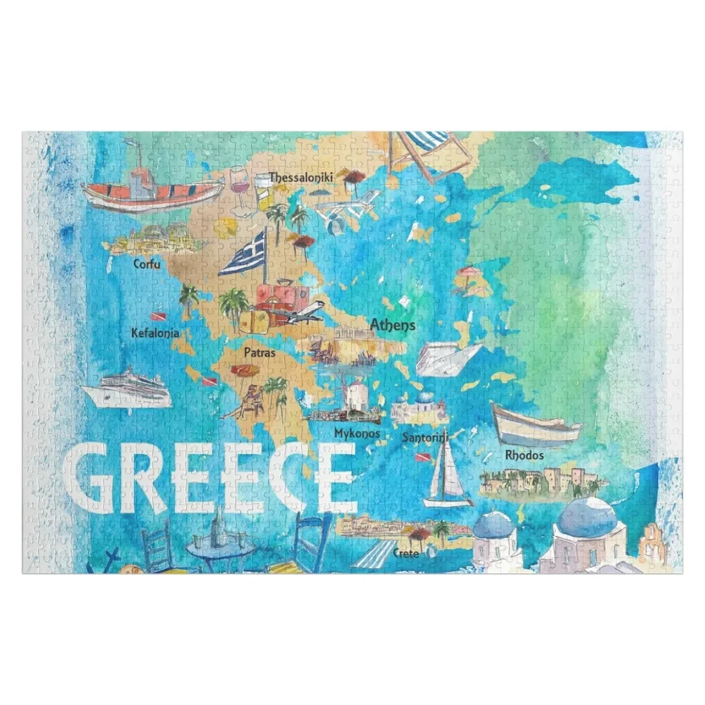 

Greece Illustrated Travel Map with Landmarks and Highlights Jigsaw Puzzle Wooden Animal Photo Custom Puzzle