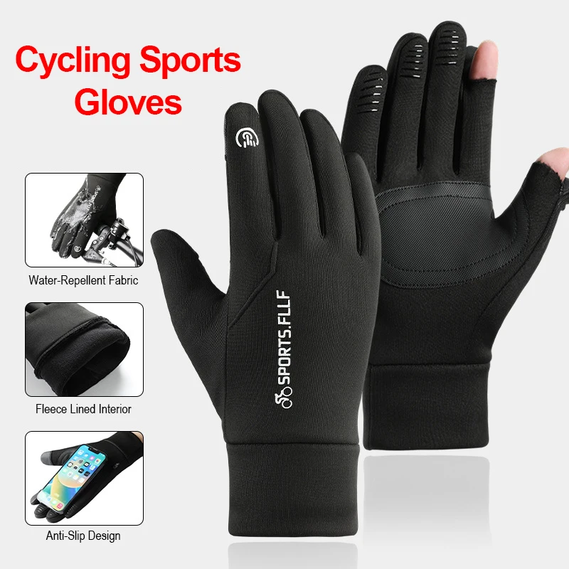 Winter Cycling Gloves Men Flip-Top Touchscreen Fleece Anti-Slip Motorcycle Gloves Outdoor Sport Hiking Water-Repellent Gloves
