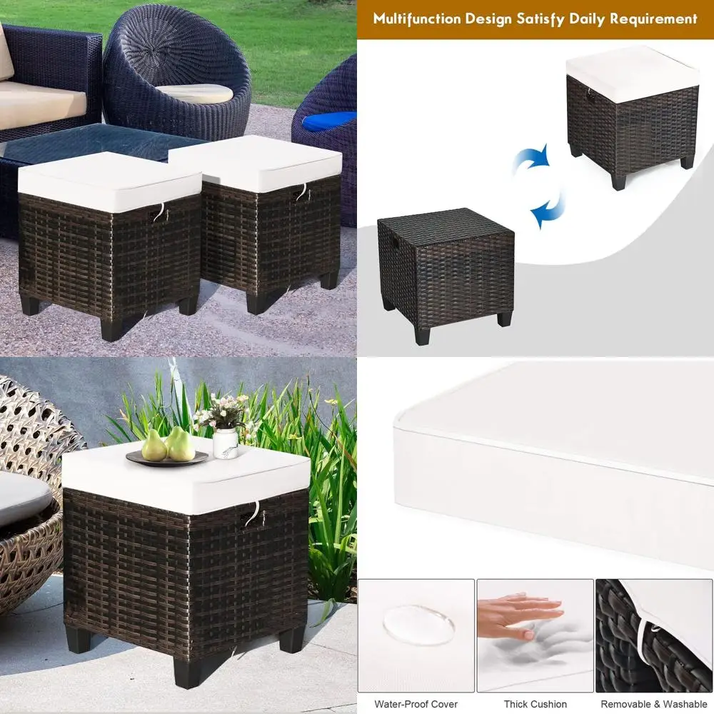 

Cream Rattan Wicker Outdoor Ottomans with Cushions, Patio Furniture Set for Home, Garden, Backyard
