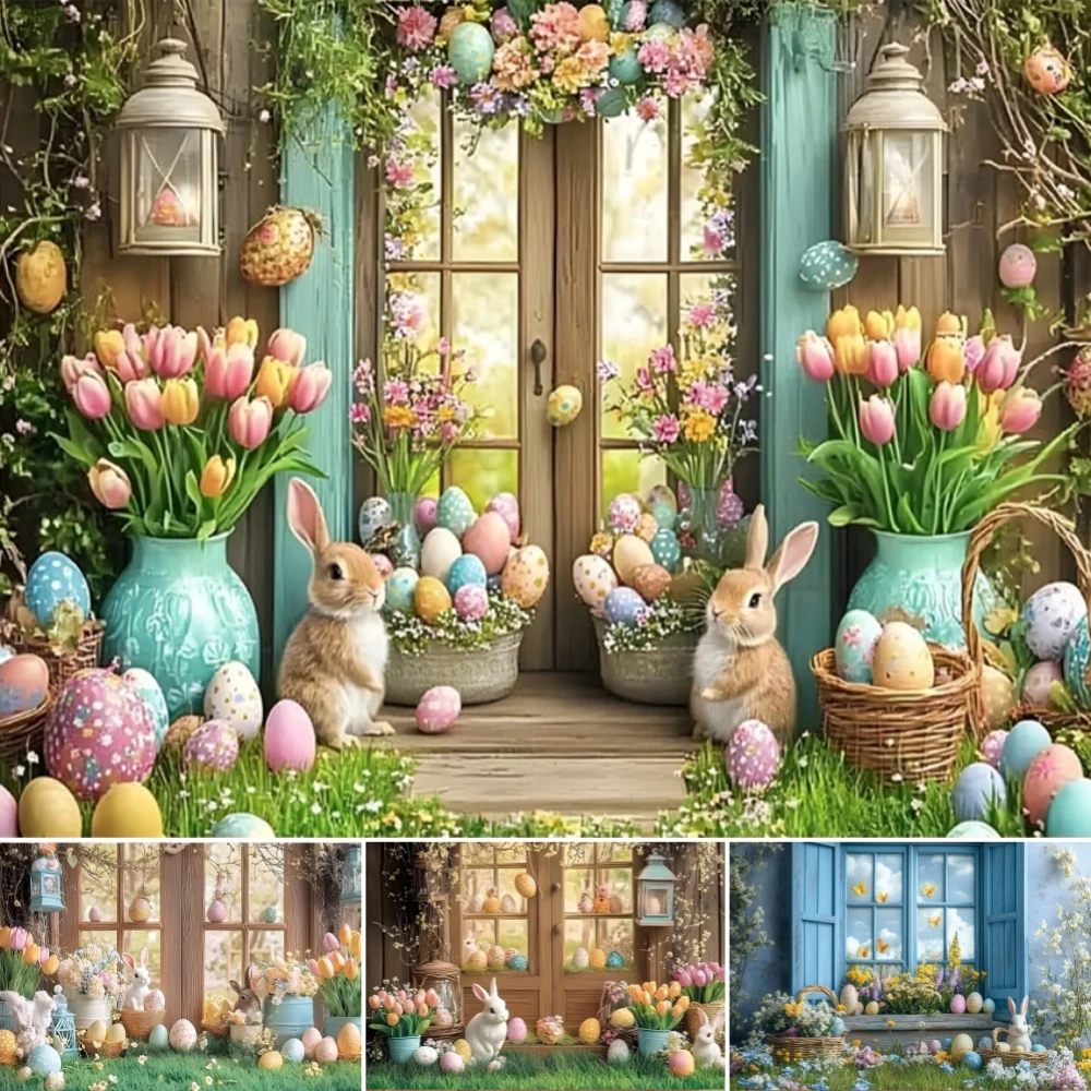 

Spring Easter Garden Backgrounds Photographs Wood Window Flower Rabbit Colorful Egg Bunny Baby Shower Birthday Party Backdrop