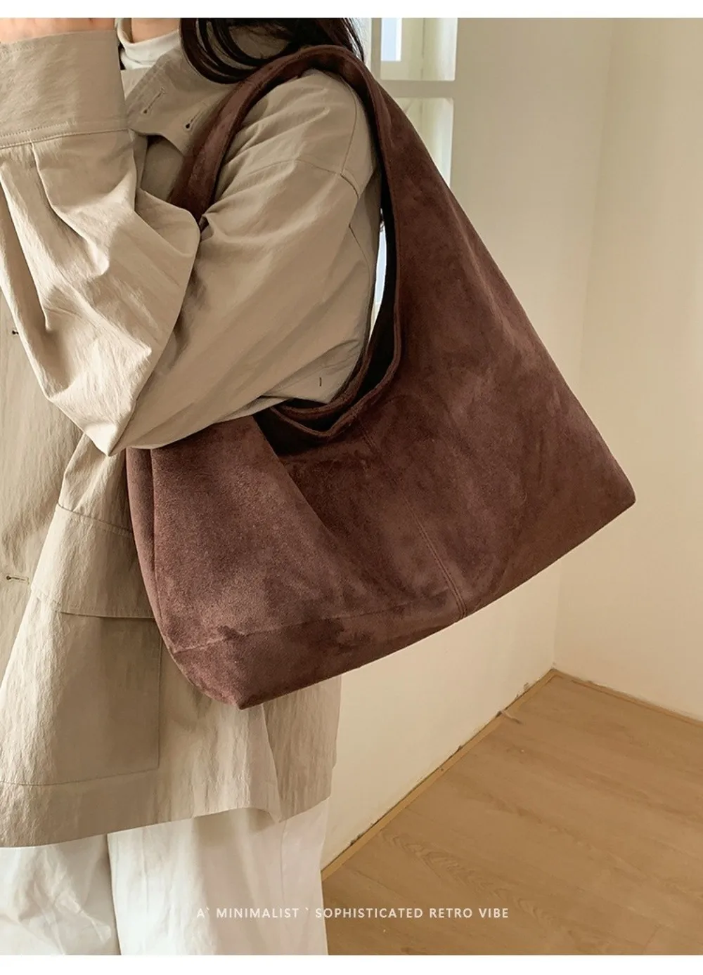 Lässige Retro-Damen-Schultertasche aus Wildleder mit großem Fassungsvermögen, einfarbige Shopper-Tasche – Detail 12