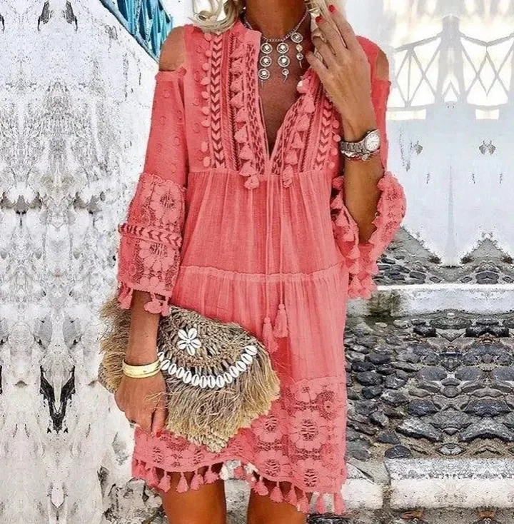 Abito da festa Solido Scava Fuori Scollo a V Abiti sexy in pizzo Stile bohemien Abito di grandi dimensioni Abiti Nappa Sexy Boho Abito lungo da donna