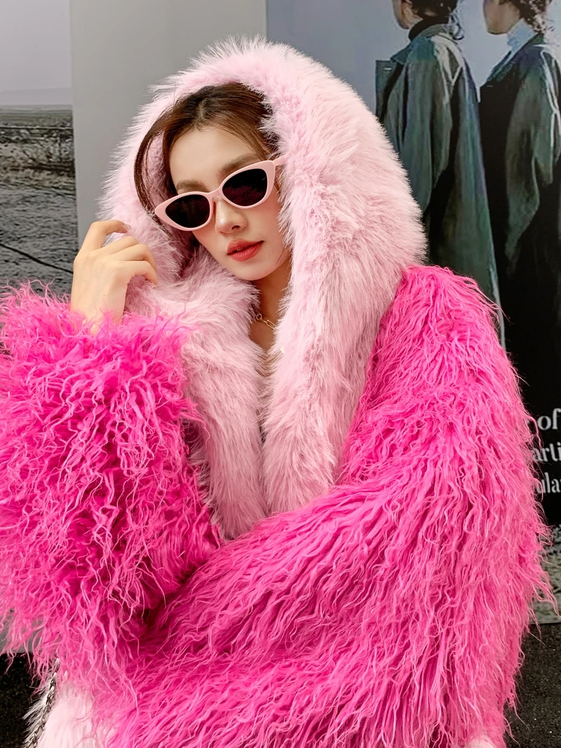 Original Design Pink Faux Fur Coat Female Factitious Wool Loose Hooded Long Jacket Lady Shaggy Outerwear Women\'s Winter Coats