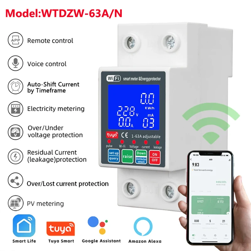 Smart Leven PV Slimme Stroomonderbreker Tuya Spanningsrelais 230V Wifi Stroom Lekkage Bescherming MCB Automatische Schakelaar 63A - afbeelding 1